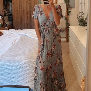Lulus Fiorire Slate Blue Floral Print Wrap Maxi Dress